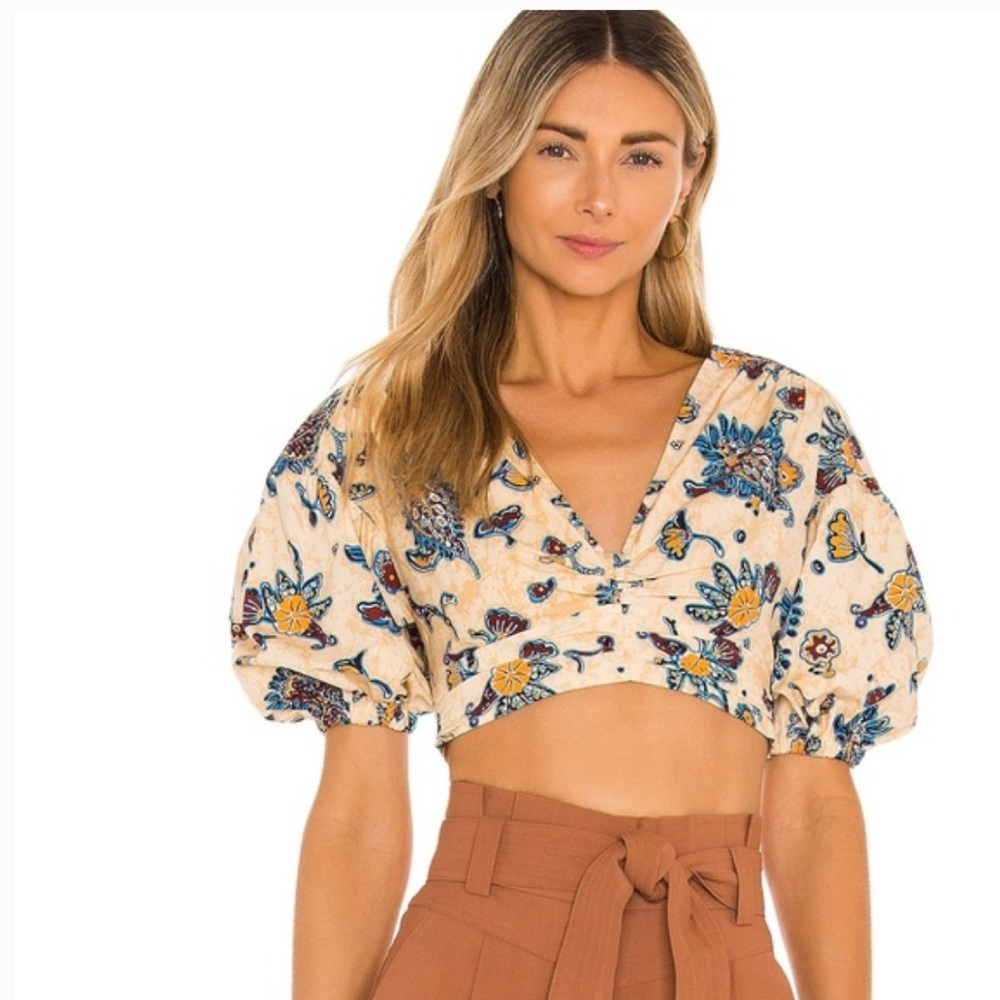A.L.C. Cream Floral Cropped Puff-Sleeve Blouse